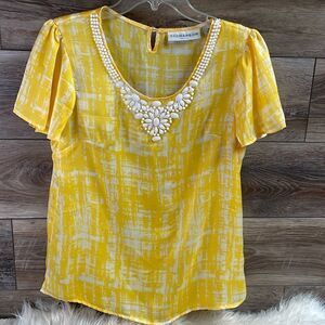 Sag Harbor Petite Ladies Beaded Neckline Blouse, Size Petite M ,Yellow & White